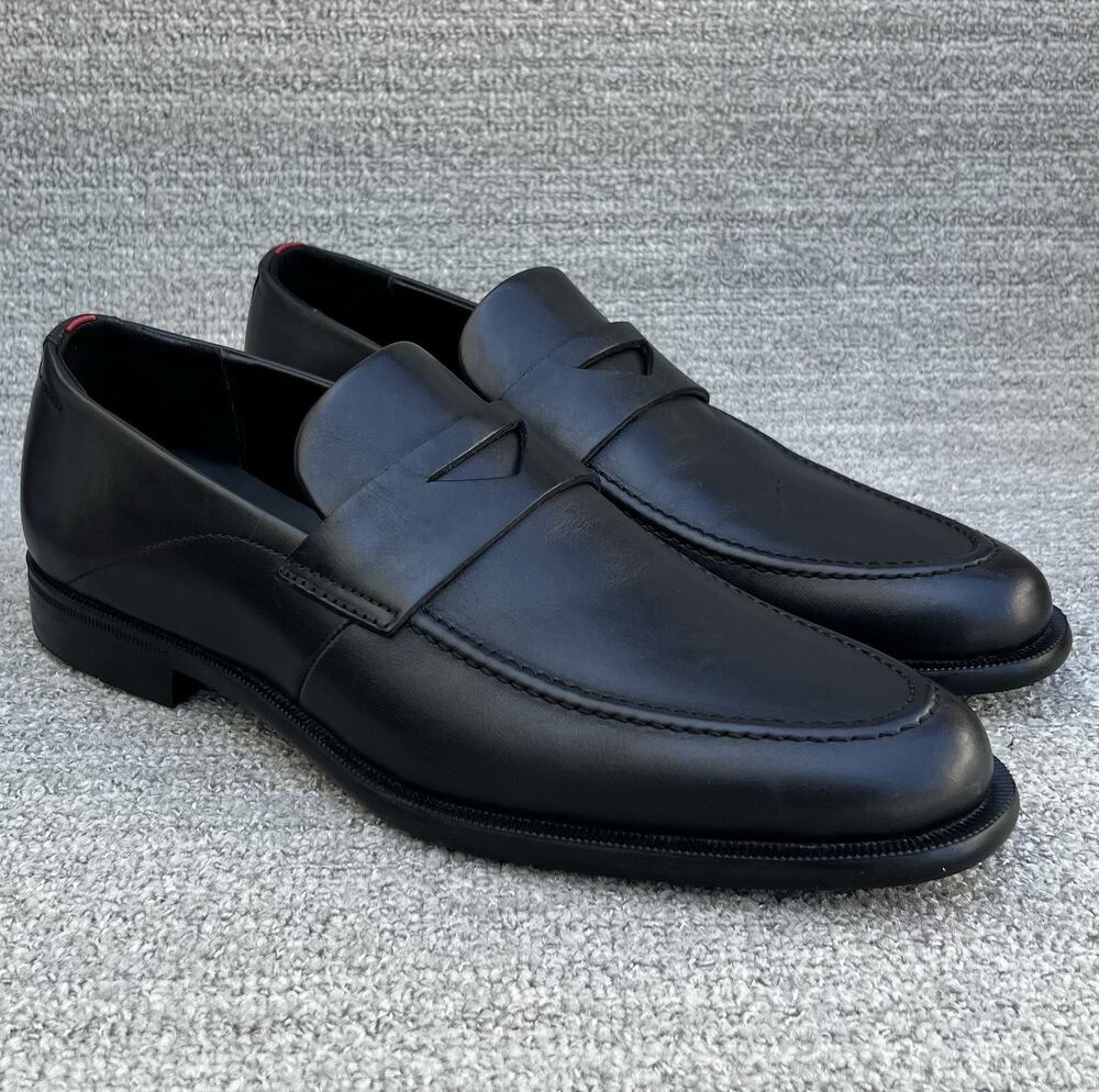 HUGO BOSS Derreck Penny Loafer Black Calfskin Leather Italian Crafted Men 8.5 US